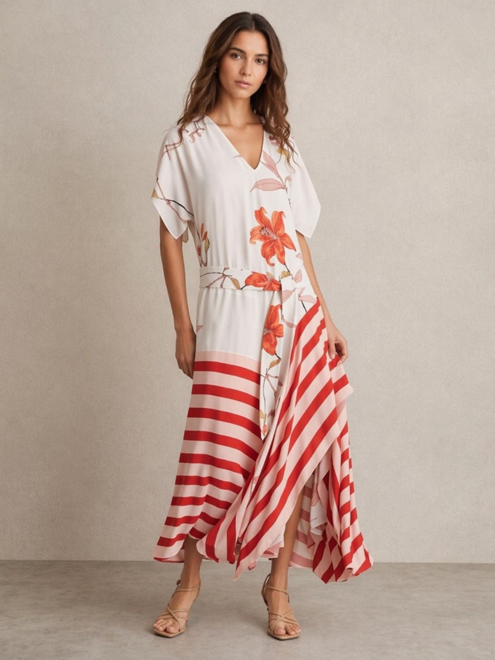 Reiss Ivory Dress with Red-Orange Floral Detail size UK 4/ US 0
